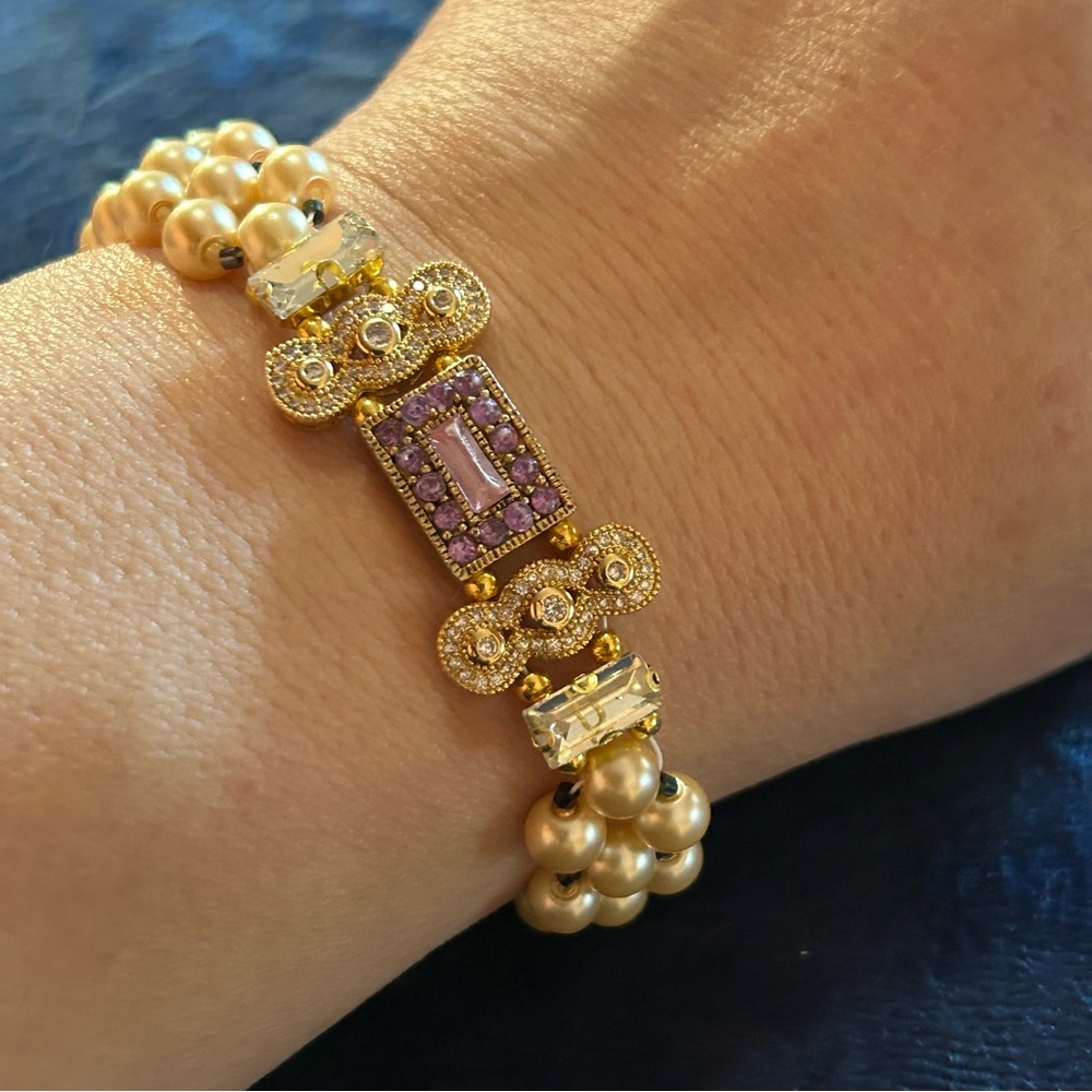 Handcrafted light champagne Czech glass pearl seed bead lattice bracelet